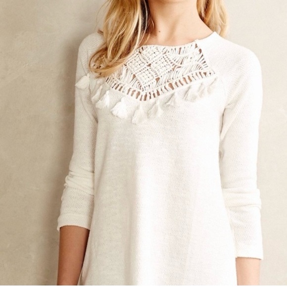 Anthropologie Floreat Macrame Crochet Knit Cotton Long Sleeve Sweater White Sz L - Picture 3 of 6